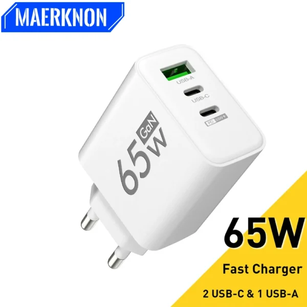 Chargeur USB GaN 65W, charge rapide 3.0, adaptateur de téléphone portable, prise EU US, voyage, pour iPhone 15, Samsung, Xiaomi