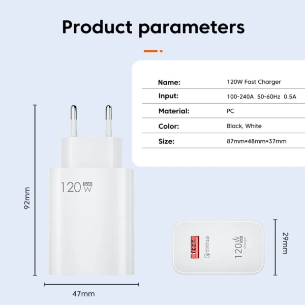 Chargeur rapide USB 120 de type C, câble de charge, adaptateur de téléphone pour iPhone 14, Xiaomi, Samsung, Huawei, 3.0 W – Image 6