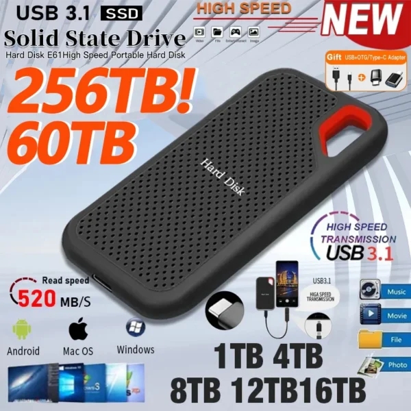 Disque dur portable SSD haute vitesse, disque solide de type C, périphérique de stockage d'origine pour téléphone, Loptop, Mac, PC, USB 3.1, 1 To, 256 To