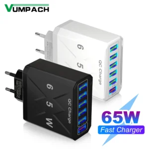 Chargeur de voyage à 6 ports USB 65W, QC 3.0, charge rapide, pour iPhone 14, Samsung, Xiaomi, adaptateur pour téléphone portable, prise EU KR US UK