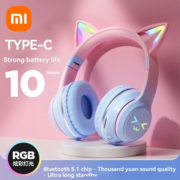 Xiaomi-Écouteurs Bluetooth sans fil avec oreille de chat mignon, écouteurs stéréo iler, écouteurs de jeu de musique RVB, cadeaux pour filles et enfants, nouveau