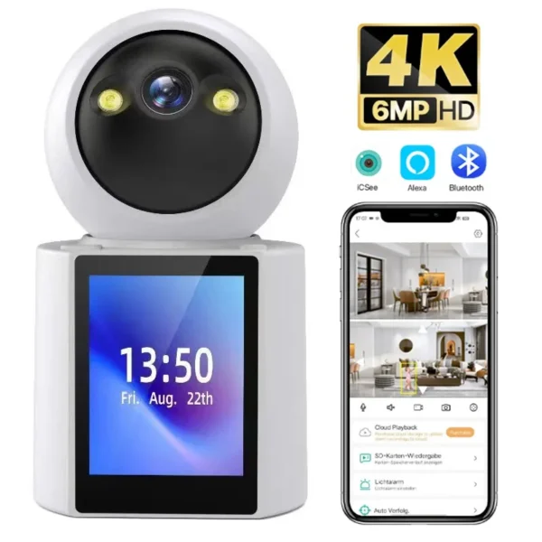 Caméra double écran : appel à un clic, caméra WiFi 4K 6MP avec détection humaine AI, vidéosurveillance CCTV à vision nocturne couleur